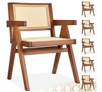 Tectake Set Of 6 Dining Chair Lizzy With Mid-Century Modern Design, Rattan Backrest And Solid Wood Frame - Dark Oak