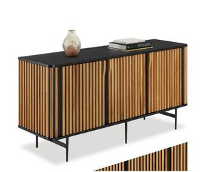 Tectake Sideboard Lineo, Slatted Design, 3 Cabinet Compartments, Solid Wood Lineo - Black/brown
