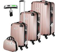 tectake® Hard Shell Suitcase Set, Lightweight Suitcases with TSA Lock Including Extra Large, Large, Medium and Beauty Case, 360 Degree Wheels, Telescopic Handle and Luggage Scale - Rose Gold