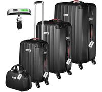 tectake® Hard Shell Suitcase Set, Lightweight Suitcases with TSA Lock Including Extra Large, Large, Medium and Beauty Case, 360 Degree Wheels, Telescopic Handle and Luggage Scale - Black