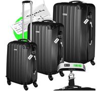 tectake® 3-Piece Hard Shell Suitcase Set in Durable & Shock-Resistant ABS with 3-Step, Telescopic Handles, Combination Locks, Smooth 360° Wheels, Luggage Scale & Tags, Dividable Interiors - Black