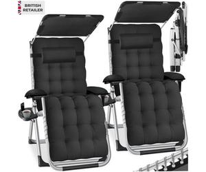 Tectake Sun Lounger Cirrus With Plush Padding, Built-In Sun Shade And Folding Function - Black - Set Of 2