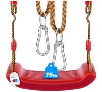 tectake® Swing Seat for Kids - Ergonomic, Anti-Slip Surface, Height-Adjustable Ropes, Weather-Resistant Plastic & Sturdy Carabiner Hooks, Easy to Clean - Garden Swing for Indoor & Outdoor Use - Red