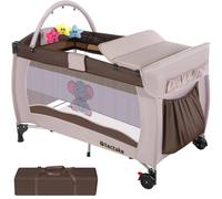 Tectake Travel Cot Elephant 132X75X104cm With Changing Mat Play Bar & Carry Bag Brown