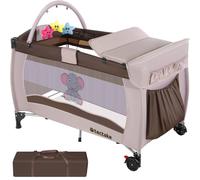 Tectake Travel Cot Elephant 132X75X104cm With Changing Mat Play Bar & Carry Bag Brown