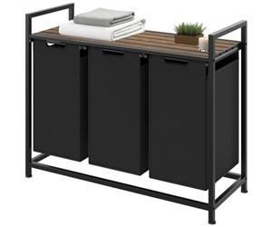 tectake® Triple Laundry Basket with 3 x 38L Capacity, Water- & Smell-Resistant Fabric, Pull-Out Laundry Baskets with Sturdy Steel Frame, Top Shelf in Wooden Look & Height-Adjustable Feet - Black/Brown
