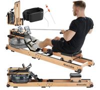 tectake® Water Rowing Machine with Beechwood Frame, Large Water Tank with 6 Resistance Levels & Training Computer, Foldable Rowing Machine with Wheels & Adjustable Pedals, Ideal Home Gym Equipment