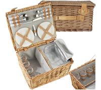 tectake® Wicker Picnic Basket for 4 People, Classic Hamper Basket in Woven Willow, Incl. 21-Piece Dinnerware Set & Insulated Cooler Compartment, Wicker Basket with Secure Twist Locks & Carry Handle