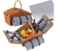 tectake® Wicker Picnic Basket for 4 People, Complete Picnic Set, Incl. Large Picnic Blanket & 23-Piece Dinnerware Set, Woven Willow Hamper Basket with Cooler Compartment, 2 Twist Locks & Carry Handle