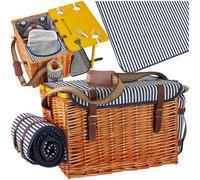 tectake® Wicker Picnic Basket for 4 People with Fold-Out Table, Picnic Set, Incl. 24-Piece Dinnerware Set, Cooler Compartment & Picnic Blanket, Woven Willow Hamper Basket with Adjustable Carry Strap
