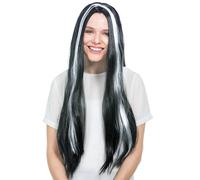 dressforfun Flame wig, long black Hair with streaks, devil costume vampire witch (black/white | no. 300732)