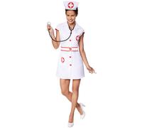 dressforfun Women’s Sexy Nurse Costume | Printed red cross | Front with buttons | Includes Hairband (M | No. 301504)