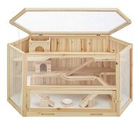 tectake® Wooden Hamster Cage with 3 Floors & 3 Ramps, 115 x 60 x 58 cm | Hexagonal Cage with Large Plexiglass Panels, Hinged Mesh Roof, Removable Base Tray, Incl. See-Saws & Food Bowl, Brown