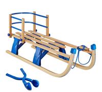 tectake® Folding Wooden Sledge with Removable Backrest, Snow Sledge in Durable Beech Wood with Smooth Steel Runners & Tear-Resistant Tow Rope, Large Sled for up to 2 Children, Incl. Snowball Maker
