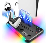 TECTINTER for PS5 Slim/PS5 Stand and Cooling Station,3-Level Cooling Station and 8 RGB LED with Charger for PS5&Edge Controller,PS5 Cooling station Design for PS5 Slim Disc&Digital /PS5 Disc & Digital