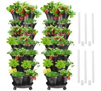 Tectsia Strawberry Vertical Planter 2 Pack, 7 Tiered Stacking Garden Tower, Stackable Herb Vegetable Planters with Support Pole Indoor Outdoor Black