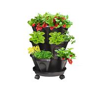 Tectsia Strawberry Vertical Planter, Stacking Garden Tower, 3 Tiered Stackable Herb Vegetable Planters with Movable Casters and Bottom Saucer Indoor and Outdoor - Black