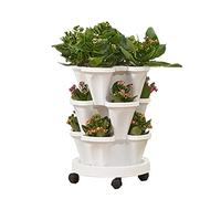 Tectsia Strawberry Vertical Planter Tower Garden, 3 Tiered Planter Stackable Herb Garden Planter with Movable Casters and Bottom Saucer Indoor and Outdoor - White
