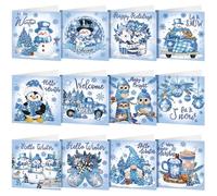 TecUnite 12 Pieces Winter Snowman Diamond Painting Greeting Card Diamond Art Cards Gnome DIY Crafts Kit Painting Owl Cards Kits Gift for Birthday Holiday(Cheerful Colors, Winter)