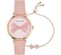 Ted Baker Ladies Phylipa Iconic Pink Leather Strap Watch & CZ Bow Rose Gold Tone Bracelet Set