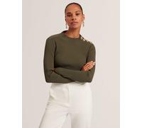 Ted Baker Ribbed Button Detail Fitted Knitted Top Dark Green