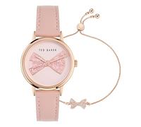 Ted Baker Ladies Phylipa Iconic Pink Leather Strap Watch & CZ Bow Rose Gold Tone Bracelet Set