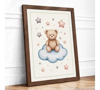 Teddy Bear and Stars Minimalist Framed Wall Art Print A4 (29.7×21cm) Walnut, Wall Decor for Living Room, Bedroom, Office & Home, Ready to Hang, Art Gift