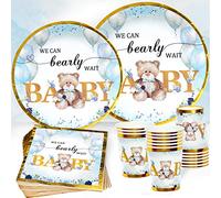 Teddy Bear Baby Shower Plates Napkins Tableware - We Can Bearly Wait Party Decorations Blue Teddy Bear Disposable Paper Plates Napkins Cups for Boy Girl Baby Shower Birthday Party Supplies