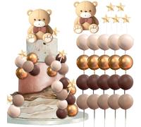 Teddy Bear Cake Decoration, 26 PCS Bear Baby Shower Cake Topper, Mini Balls Cake Toppers, Teddy Bear Cupcake Toppers Brown Foam Balloon Pearl Ball for Baby Shower Birthday Party Supplies