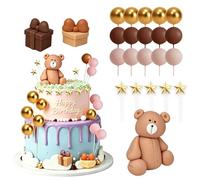 Teddy Bear Cake Toppers Set, and 1Bear, 5Star, Golden Ball, Coffee Ball and 2Gift Box, Cute and playful Bears Cake Topper, Delicate Texture Teddy Cakes Topper, for Birthday, Party