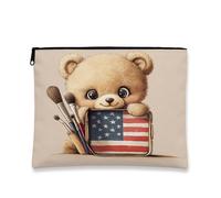 Teddy Bear Cosmetic Bag, Cute Vintage American Flag Travel Makeup Pouch for Women, Portable Small Canvas Zipper Organizer, Independence Day Gift, bear, 7x9 Inch, Flag