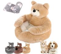 Teddy Bear Dog Bed with Arms, Semi Enclosed Cozy Fluffy Puppy Bed, Cute Soft Warm Plush Cuddle Bear Pet Bed Sofa for Indoor Cats and Dogs, Washable, Detachable, Anti-Slip (Khaki, S)