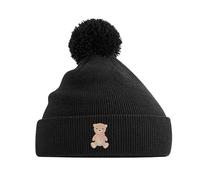Teddy Bear Embroidery Bobble Hat | Cute Animal Knit Winter Cap for Adults Black