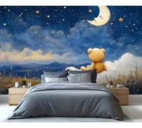 Teddy Bear Gazing at Moon & Stars Mural, Enchanted Night Sky Landscape Wallpaper, Dreamy Nursery & Kids Bedroom Wall Art Decor 250x175cm (Not Self-Adhesive)