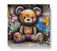 Teddy Bear Graffiti Art Canvas Print | Gallery Wrapped 30mm Frame Wall Art | 20x20 inches | Ready to Hang | Eclectic Animals Picture | Living Room Bedroom Lounge Office