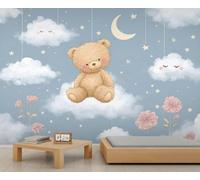 Teddy Bear Mural Fantasy Starry Sky Wall Murals Pink Flowers Clouds Sky Mural Cute Children's Bedroom Murals Wallpaper Not Peel and Stick for Living Room Bathroom 150 x 100 cm