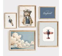 Teddy Bear Nursery Wall Art Decor Vintage Boy Room Pictures Baby Boy Nursery Canvas Wall Decor Blue Vintage Airplane Poster Kids Travel Aviation Prints for Playroom Bedroom 8x10x5 Inch Unframed