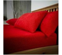 Teddy Bear Pair Pillowcases Warm Cosy Soft Plush Fleece Pillow Cases Plain Thermal Warm Soft Cases Pair (Red)