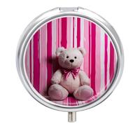 Teddy Bear Pill Box 3 Compartment Travel Pill Organizer 3 Times A Day Cute Mini Pill Case for Purse & Pocket Portable Metal Medicine Box with Mirror Round Daily Medicine Vitamin Container