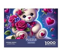 Teddy Bear Roses Hearts 1000 Pc Adult Jigsaws - Teddy Bear with Roses Sitting on Open Book Impossible Hard Difficult Challenging Game for Wall Decoration And Gifts70x50cm/1000pcs