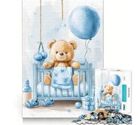 Teddy Bear Sitting in Blue Baby Cot Jigsaw Puzzles for Teenagers 1000 Piece Pure Logic Toy Quiet Calm Clean Cut Wall Art Decor (38x52cm)