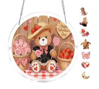 Teddy Bear Strawberry Floral Round Acrylic Puzzle 7.8x7.8inch Hanging Wall Decor Cozy Home Decoration Mindful Hobby Relaxing Indoor Activity Adult Puzzle Tabletop Decorative Piece