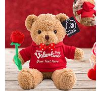 Teddy Bear Stuffed with Rose and Bow as Personalised Valentine Gifts for Her/ Him, Customised Teddy Bear with Name or Text for Men/ Women on Valentines Day/ Birthday/ Anniversary (12 IN-Hoodie Red)