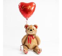 Teddy Bear with Personalised Red Love Heart Shape Foil Balloon - Inflated Balloon In A Box