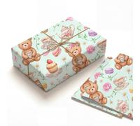 Teddy Bear Wrapping Paper 2 Flat Folded Sheets 19.7x27.6 Inch 120GSM Thick Kraft Baby Shower Wrapping Paper for Girl Bridal Shower with Watercolor Mint Floral Tea Party Macaron