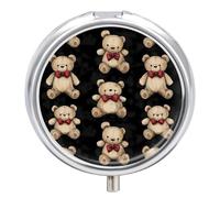 Teddy Bears Pattern Pill Box with 3 Compartments and Mirror Cute Metal Round Pill Case for Vitamin Fish Oils