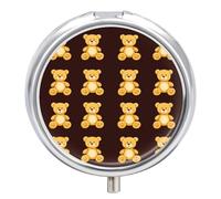 Teddy Bears Pill Box Cute Metal Round Pill Case with 3 Compartments and Mirror for Vitamin Fish Oils