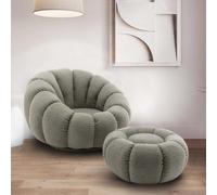 Teddy Boucle Fabric Sage Green Swivel Accent Chair With Footstool