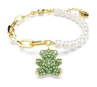 Teddy bracelet, Crystal pearl, Bear, Green, 18K gold finish