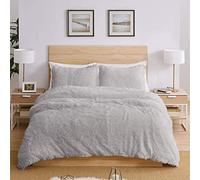Teddy Fleece Bedding Set, Snuggle Cuddle Hugg Snug Sherpa Duvet Cover with Pillowcase - Super Soft, Fluffy & Warm Thermal Winter Bed Set - Cozy Plush Blanket Feel (Silver, double)